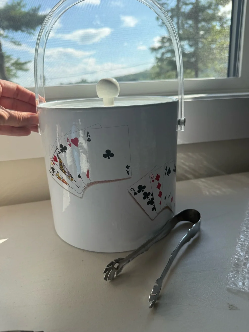 VTG Ice Bucket Made in Taiwan Poker Game Night Clear Handle & Lid w Silver Tongs